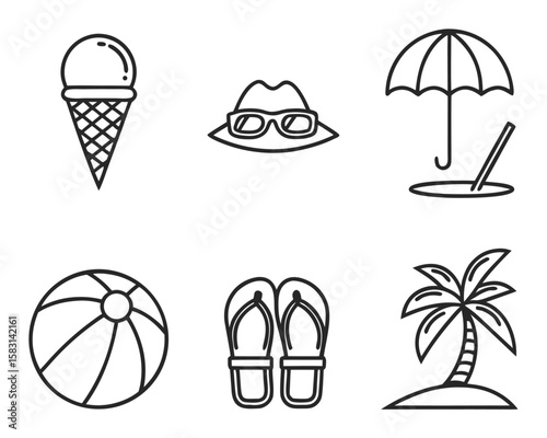 Summer vacation vector icons set including beach ball ice cream palm tree and other vacation elements. beach, summer, vacation, holiday, travel.