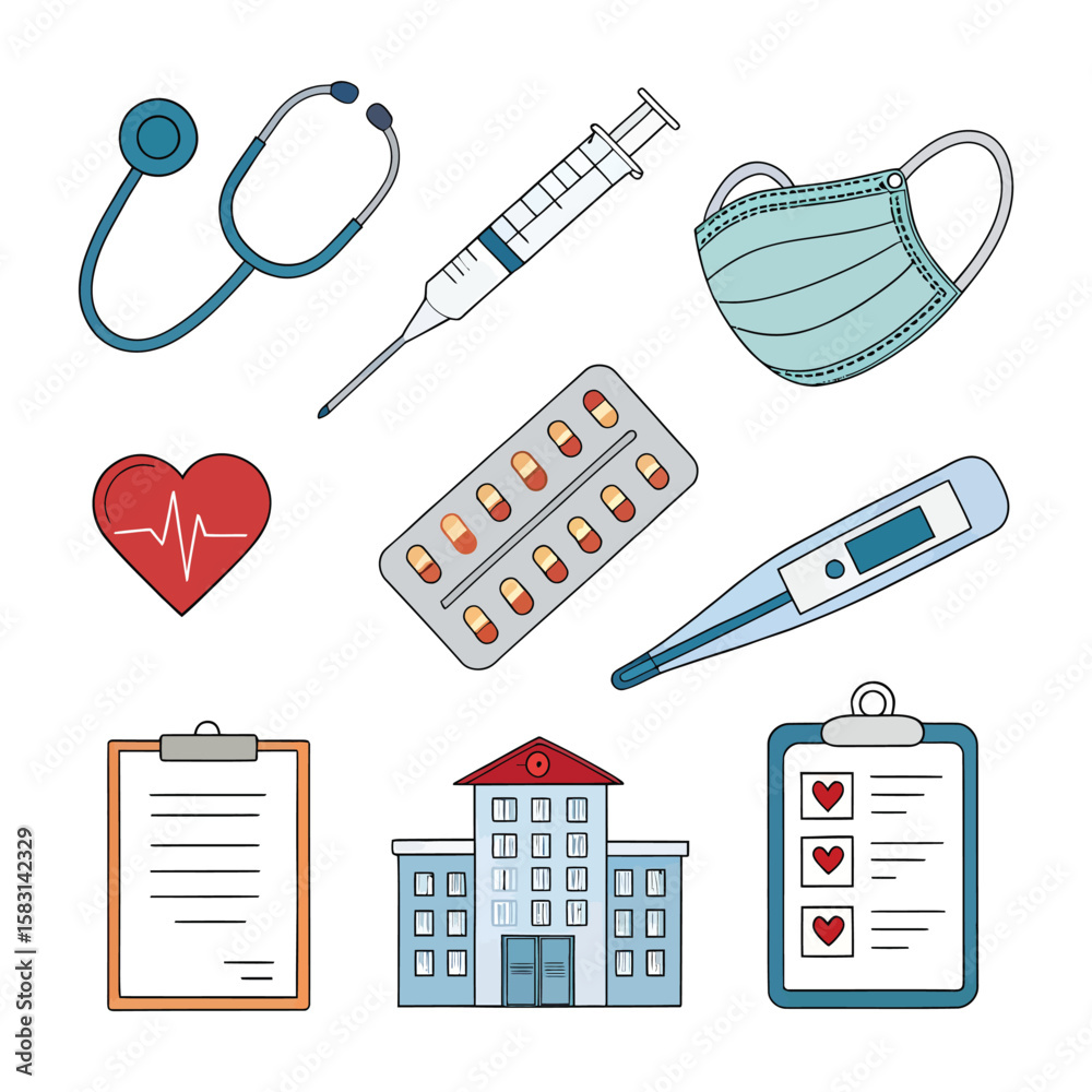 Medical icons stethoscope syringe mask heart pills thermometer hospital Medical icons stethoscope syringe mask heart pills thermometer hospital