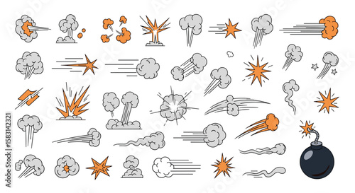 Collection of dynamic explosion and impact effects for comic book and animation design