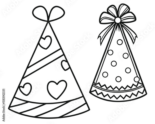 Two decorative black and white birthday party hats with ribbons and hearts vector graphics.