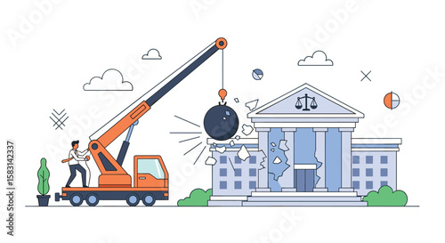 Legal system overhaul heavy machinery demolition of courthouse building architecture
