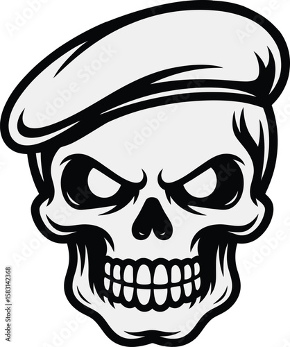 Skull Silhouette Vector with Beret Hat Illustration