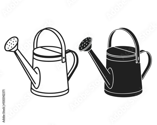 Outlined watering cans in black and white illustrating gardening and horticultural practices.