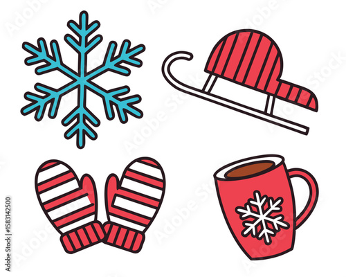 Festive winter elements featuring snowflake sledding mittens and mug for holiday season designs.