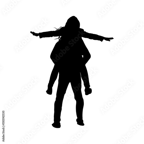 Two People Piggyback Silhouette with Outstretched Arms