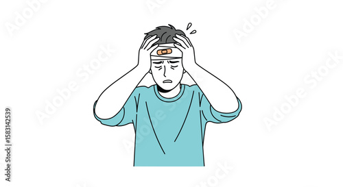Man holding head in pain experiencing severe headache stress or migraine suffering from illness or medical condition badly worried