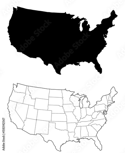 United States Map Outline with State Borders and Solid Silhouette