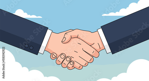 Two business people in suits shaking hands warmly in agreement with clouds in the background a successful partnership sealed