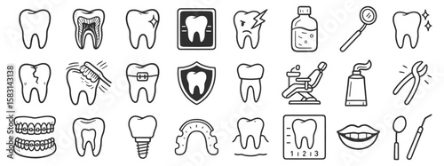 Dental care and oral hygiene line icons in modern black stroke vector illustration set. Includes tooth anatomy, orthodontics, braces, smiling lips, dental tools, implants and hygiene products.