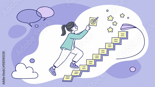Girl Building a Staircase from Sticky Notes – Productivity & Planning Vector for Journaling Brands