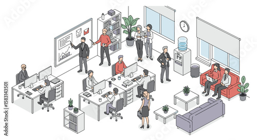 A vibrant modern office environment filled with collaborating professionals engaged in diverse tasks