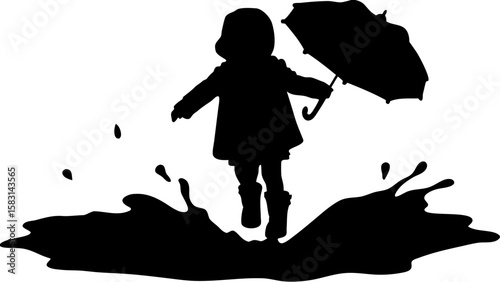 Silhouette of a child with an umbrella jumping in a puddle creating splashes on a white background scene