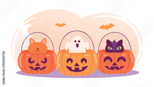 Three pumpkin baskets containing a cat, a ghost, and another cat, with bats in the background