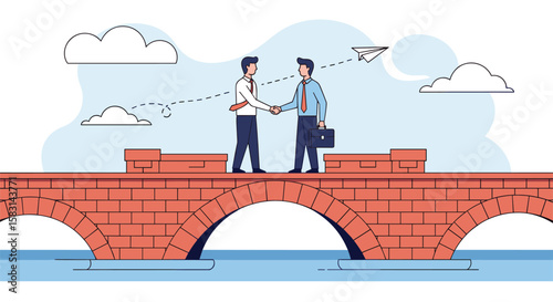Two businessmen standing on a bridge shaking hands and making a deal symbolizing partnership and collaboration for mutual growth and success