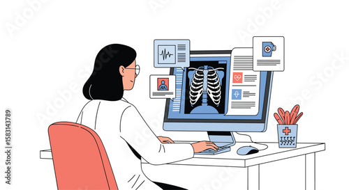 Professional medical specialist analyzing patient radiographic images and health records on a digital display in a modern clinic setting