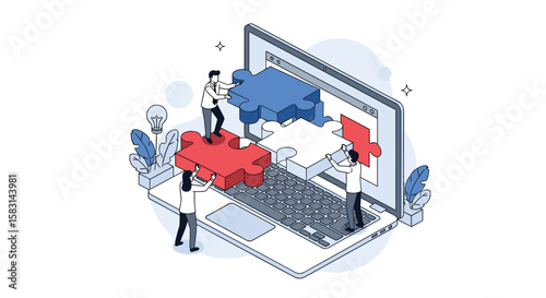 Collaborative teamwork assembling a complex digital solution on a computer screen