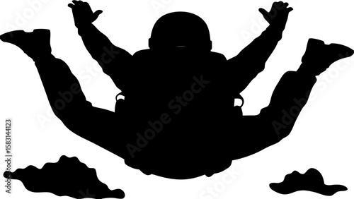 Silhouette of skydiver in freefall with arms and legs spread against a white background and clouds