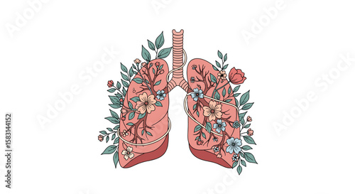 Artistic representation of lungs adorned with delicate floral elements symbolizing health and nature's beauty