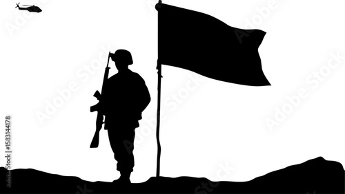 Silhouette of soldier with rifle standing next to a flag with helicopter in the distance on white background