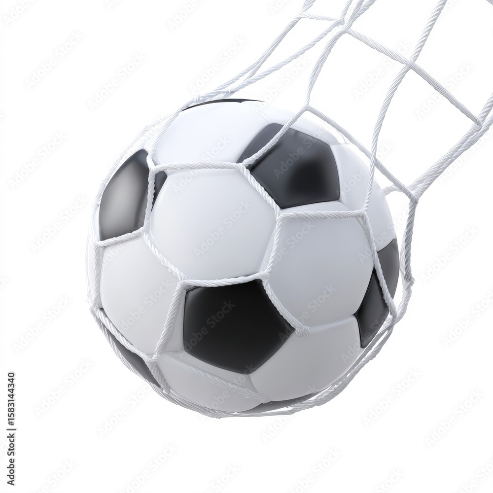 Fototapeta premium A close-up of a soccer ball hitting the net, capturing the excitement of scoring a goal, Ideal for sports articles, promotional materials, or banners related to soccer and athletic events,