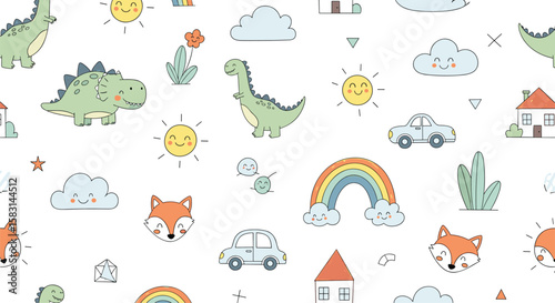 Charming cartoon pattern featuring dinosaurs foxes rainbows cars and houses for childrens nursery decor and textiles