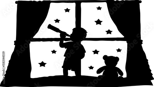 Silhouette of a boy looking through a telescope with stars and a teddy bear near a window at night