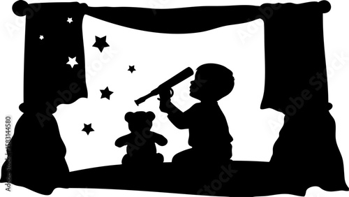 Silhouette of a child with a telescope looking at stars with a teddy bear on a window sill with curtains