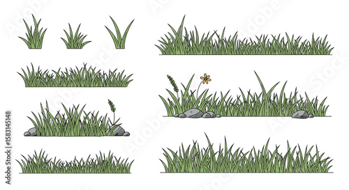 A collection of pixel art grass tuft illustrations showing various styles and arrangements suitable for game development and digital design projects