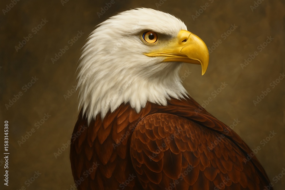Obraz premium a bald eagle, showcasing its regal profile, sharp gaze, and impressive feathers with soft brown tones in the background