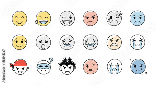 Collection of diverse emotions expressed through illustrative facial emojis showcasing a range of feelings and reactions