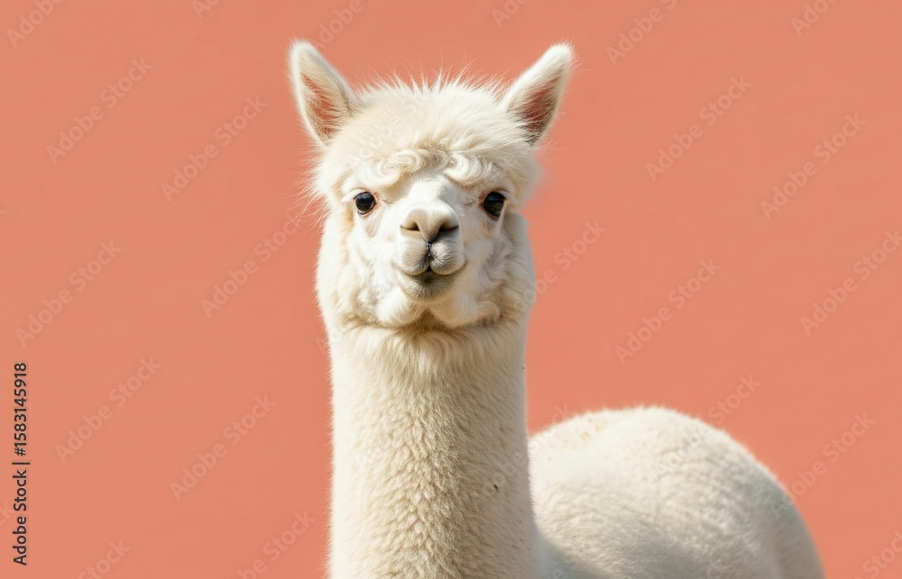 Obraz premium Charming white alpaca with soft fur poses against a solid coral backdrop, radiating gentle serenity and natural appeal.