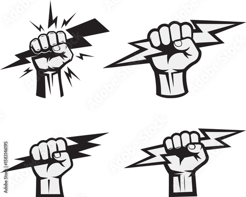 Silhouette Power Fist Holding Lightning Bolt Vector illustration