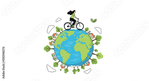 A person rides a bicycle around the planet showing sustainable living and environmental responsibility for our future world