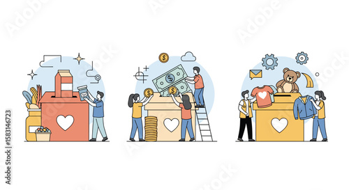 People helping each other with donations and charity work for a better society