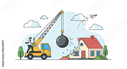 Crane demolishing a house with a wrecking ball showing dust and debris flying out