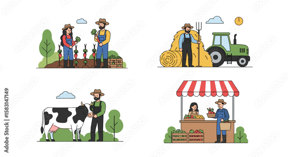 Fototapeta premium Diverse farming activities showcasing agricultural livelihoods and rural lifestyles in detailed pixel art illustrations