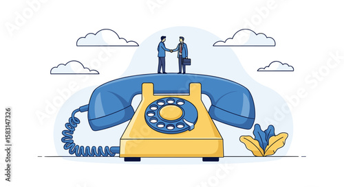 Business professionals shaking hands on a large vintage telephone symbolizing communication and partnership in modern business dealings