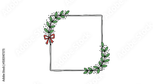 Festive square frame with delicate greenery and a charming red ribbon accent for seasonal decorations and celebrations