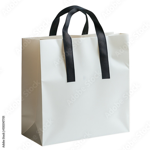 A clean white paper shopping bag with textured black ribbon handles isolated on transparent background