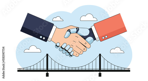 Business partnership and collaboration across a bridge symbolizing connection and agreement