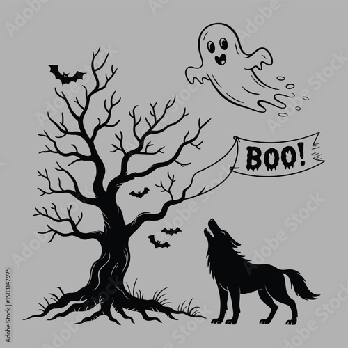 Haunted forest halloween illustration featuring ghostly wolf howling at bright moon

