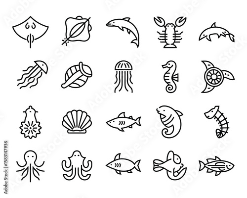 Sea Animals Vector Icon Set - Fish, Dolphin, Whale, Shark, Squid, Octopus, Turtle, Jellyfish, Seahorse, Shell, Marine, Aquatic - Adjustable Line Weight