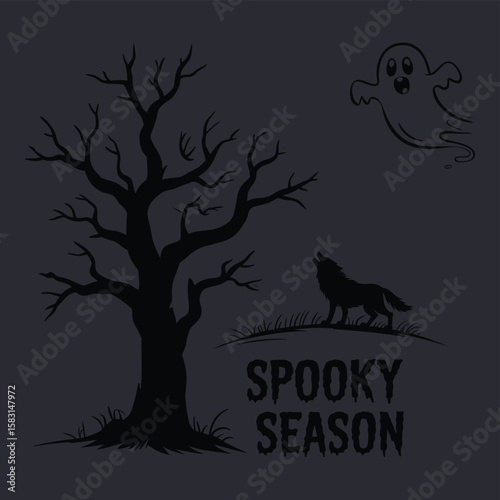 Haunted forest halloween illustration featuring ghostly wolf howling at bright moon

