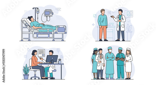 Modern healthcare team collaboration and patient care illustration showcasing medical professionals and hospital environment for digital health and wellness concepts