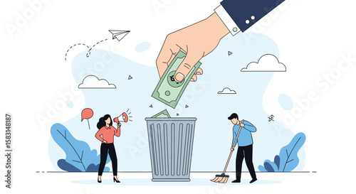 People are throwing away money into a trash can to protest against something the man is cleaning up the mess