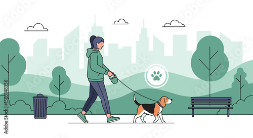 A person walking a dog in a park with city skyline in the background on a sunny day