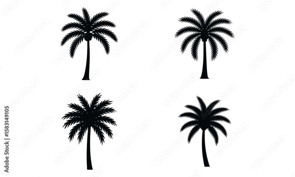 Fototapeta premium Set of four black palm tree icons isolated on white background for tropical design use