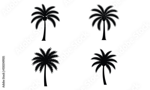Set of four black palm tree icons isolated on white background for tropical design use
