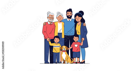 A diverse multi-generational family poses happily together with their beloved dog for a cherished portrait celebrating unity and love