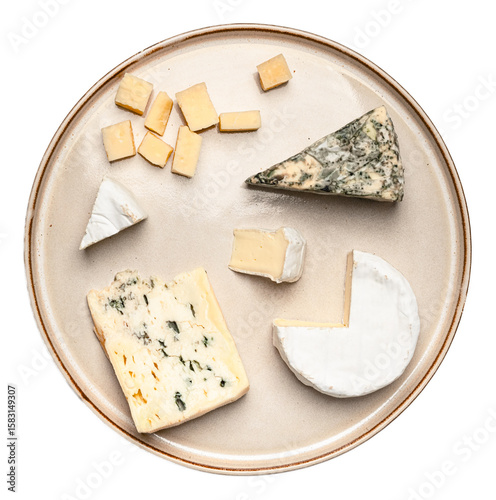 Gourmet assorted cheese platter featuring parmesan cubes blue mold camembert and creamy varieties rustic appetizer on beige ceramic plate